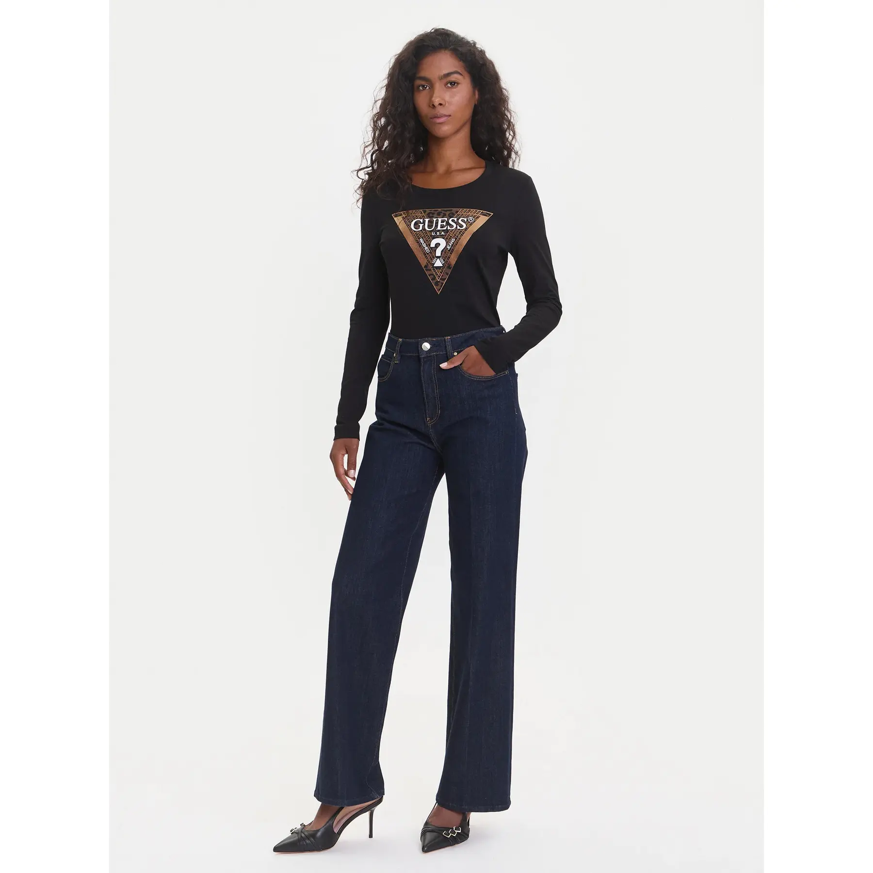 Guess Donna Nero T-Shirt Da Leo Triangle