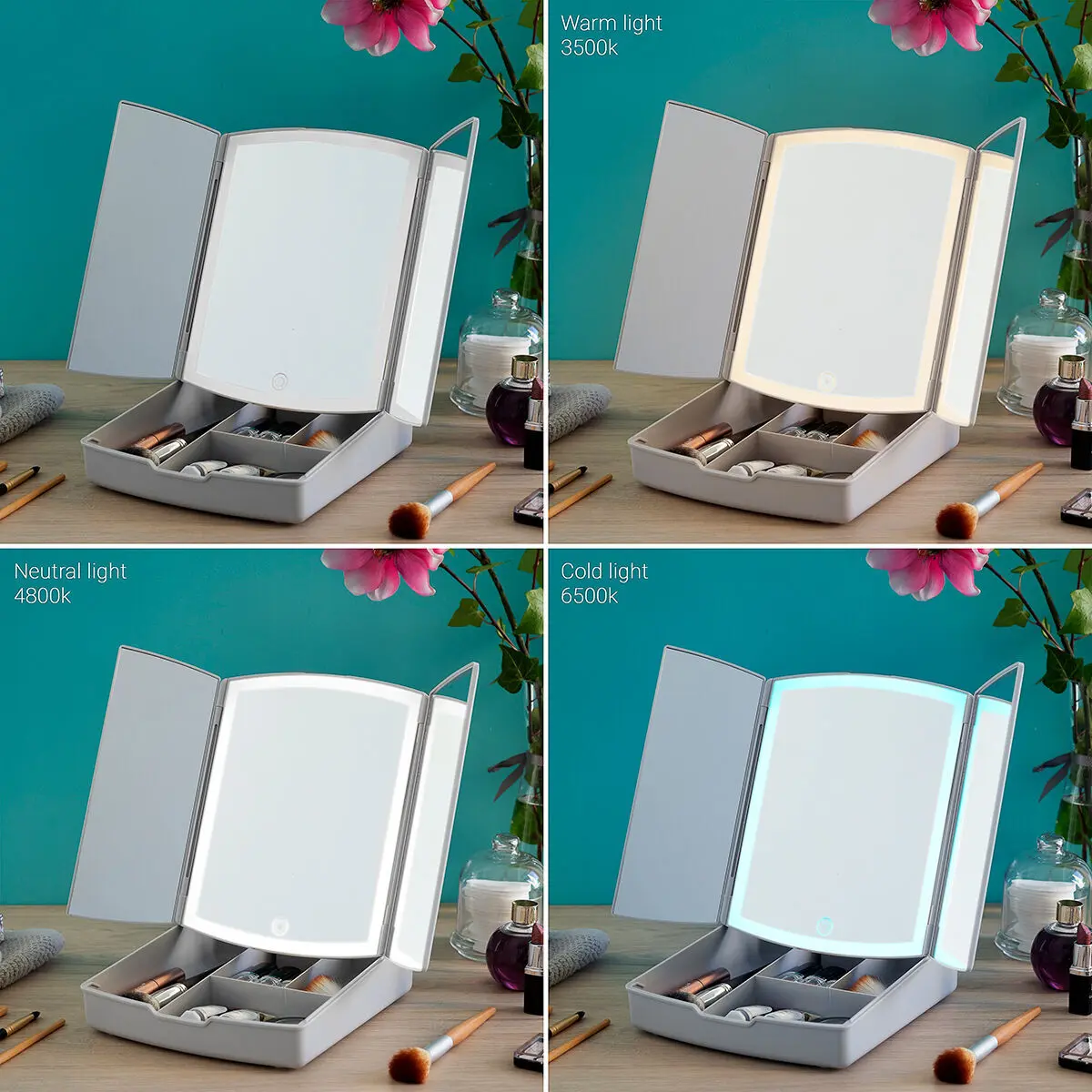 Zusammenklappbarer Led-Spiegel mit 3-in-1 Make-up-Organizer InnovaGoods Panomir