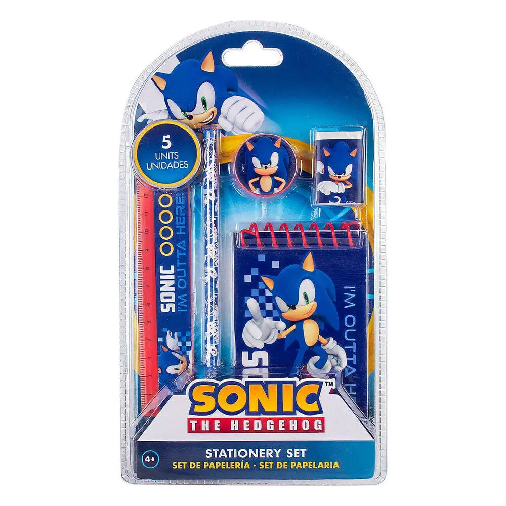 Sonic the Hedgehog Schrijfset 5-delig - Inclusief Potlood, Lineaal, Gum, Puntenslijper & Notitieblokje - Blauw - Schoolartikelen
