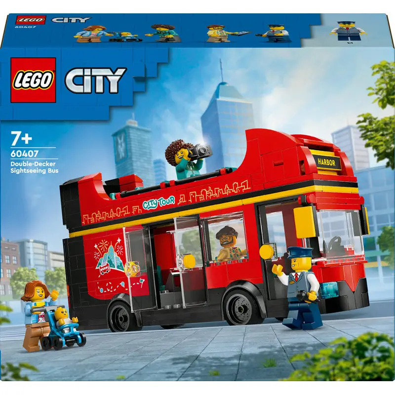 Rotes zweigeschossiges Baustellenbus-Spielzeug Lego