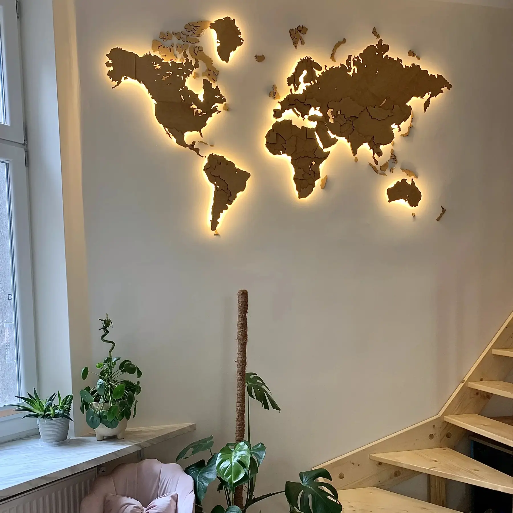 Wanddeko Weltkarte mit LED-Hintergrundbeleuchtung LosokaWood 3D Wzór VI