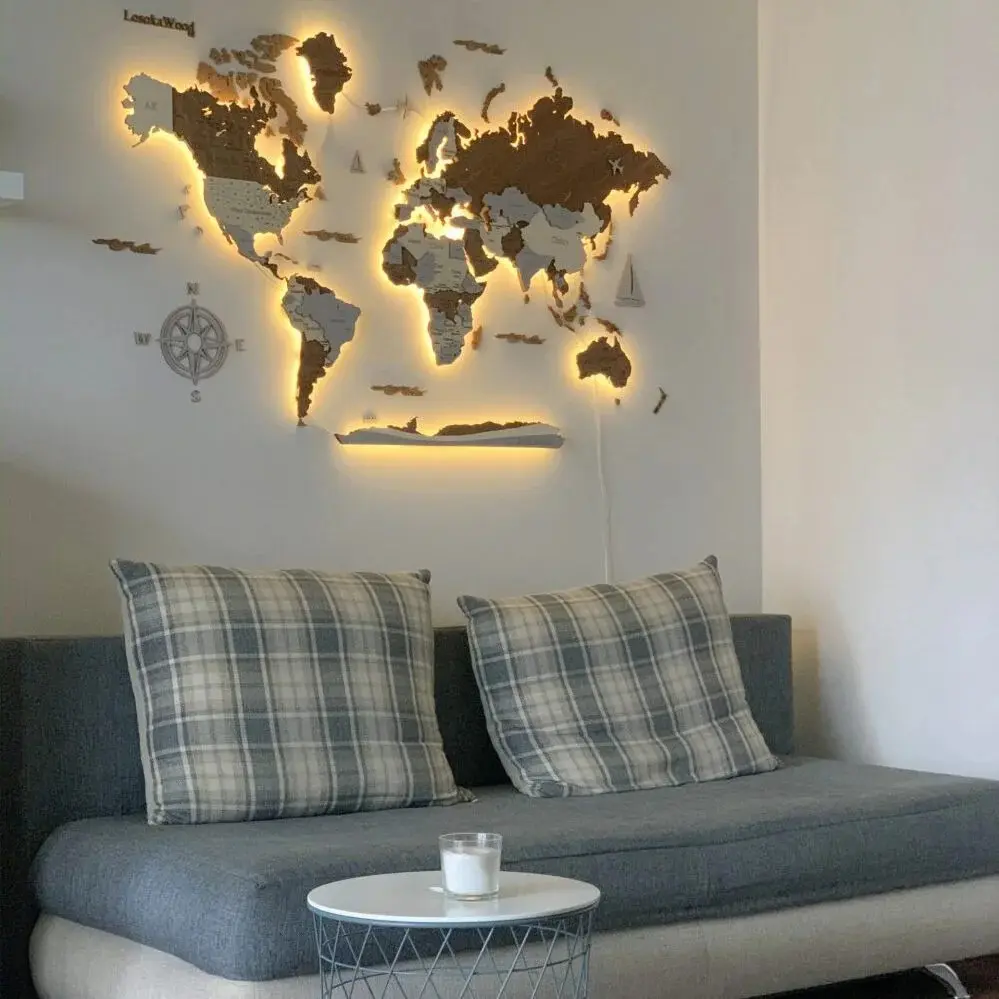 Wanddeko Weltkarte mit LED-Hintergrundbeleuchtung LosokaWood 3D Wzór III