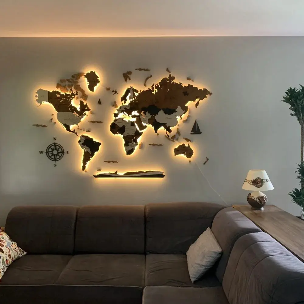 Wanddeko Weltkarte mit LED-Hintergrundbeleuchtung LosokaWood 3D Wzór II