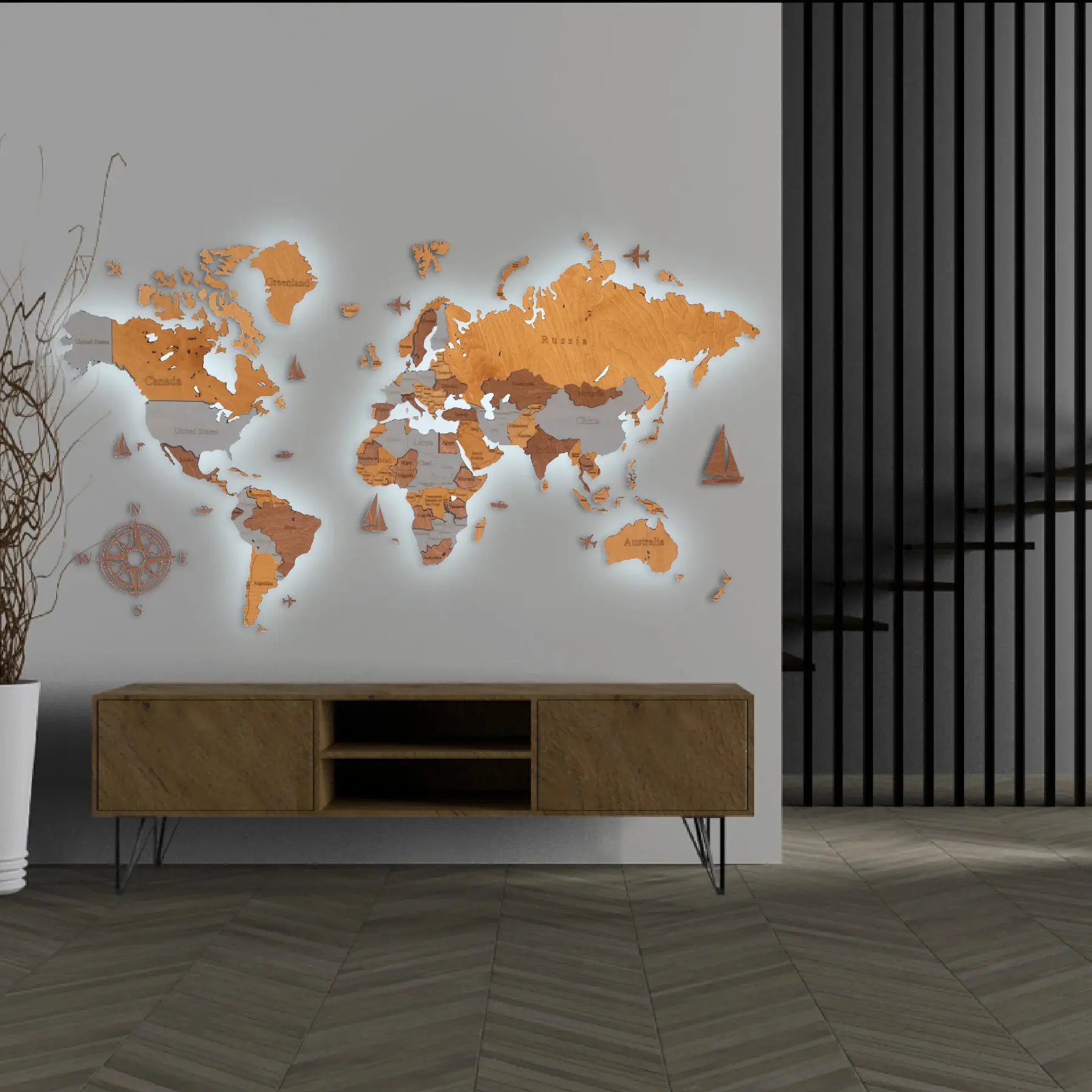 Wanddeko Weltkarte mit LED-Hintergrundbeleuchtung LosokaWood 3D Wzór XV