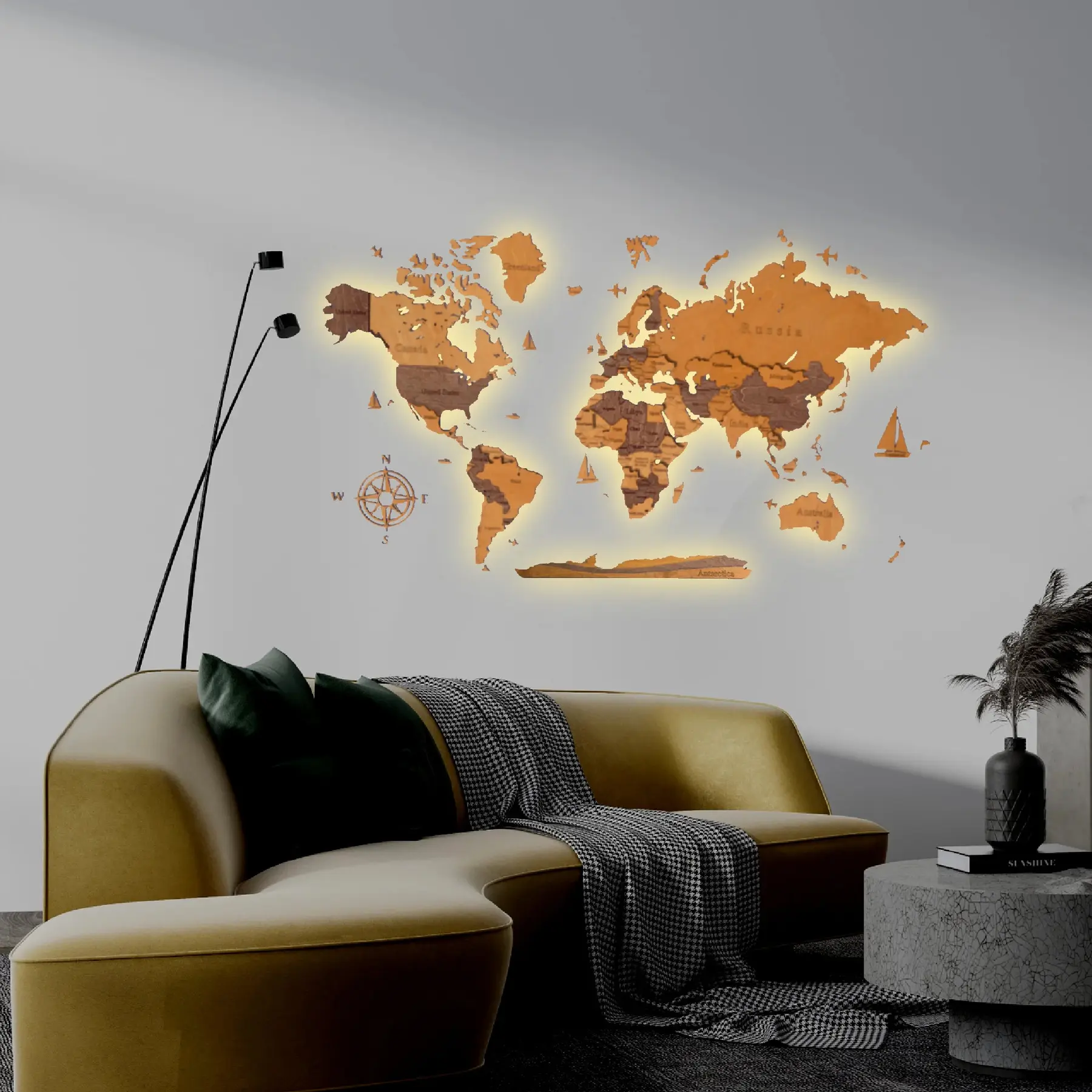Wanddeko Weltkarte mit LED-Hintergrundbeleuchtung LosokaWood 3D Wzór XIII