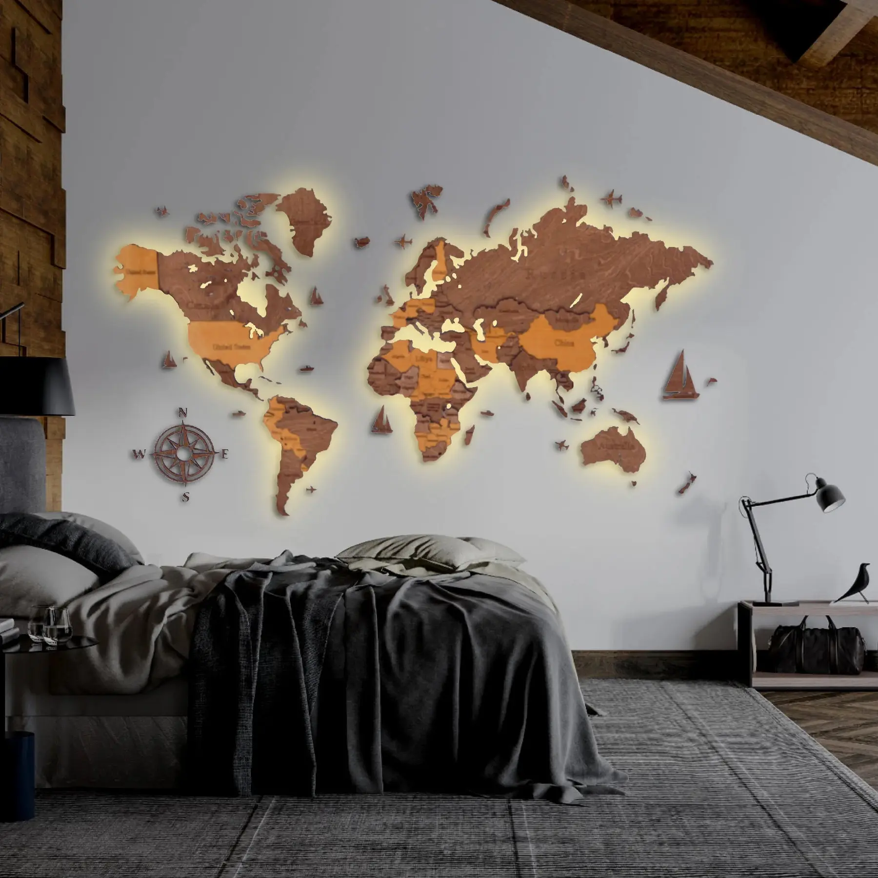 Wanddeko Weltkarte mit LED-Hintergrundbeleuchtung LosokaWood 3D Wzór XII