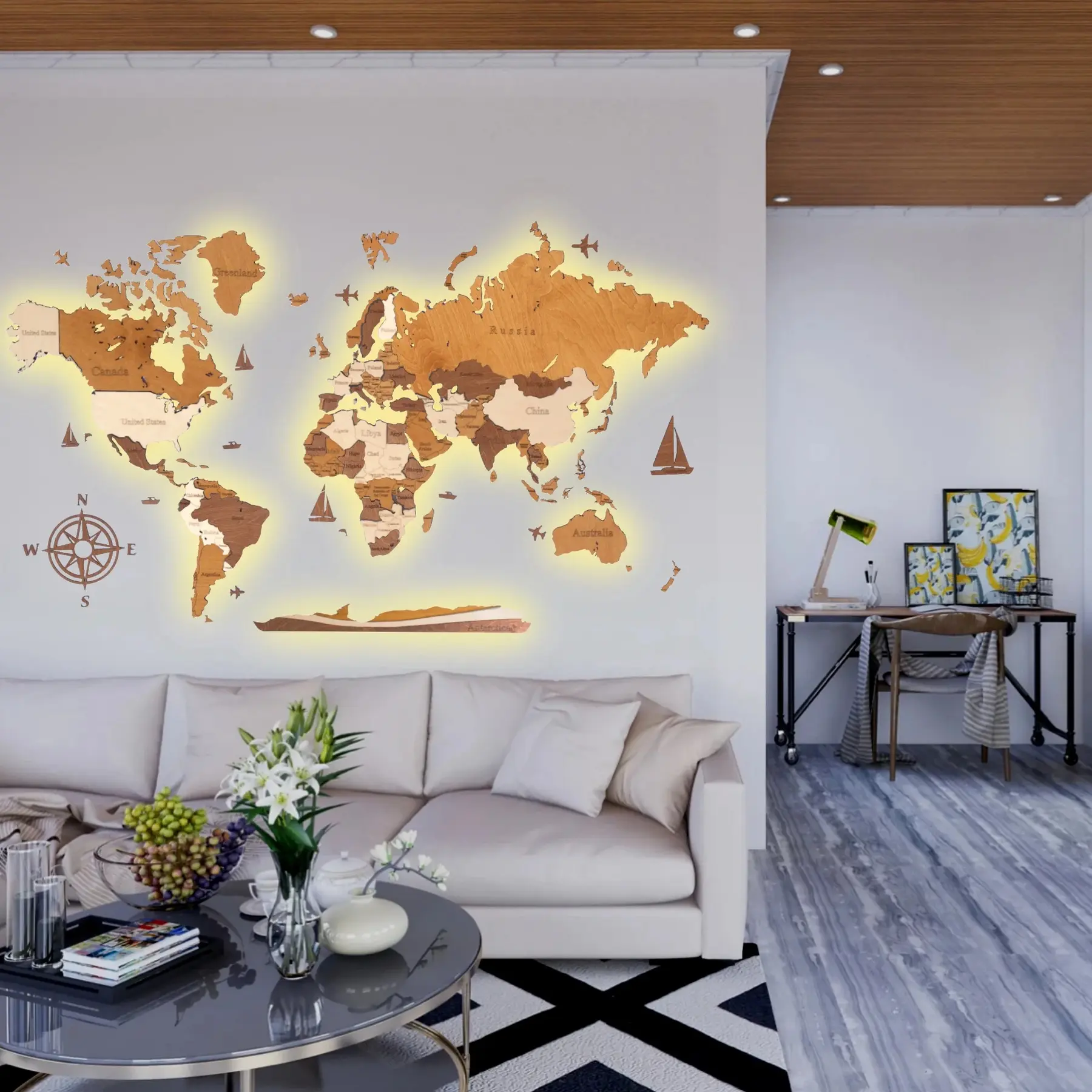 Wanddeko Weltkarte mit LED-Hintergrundbeleuchtung LosokaWood 3D Wzór XI