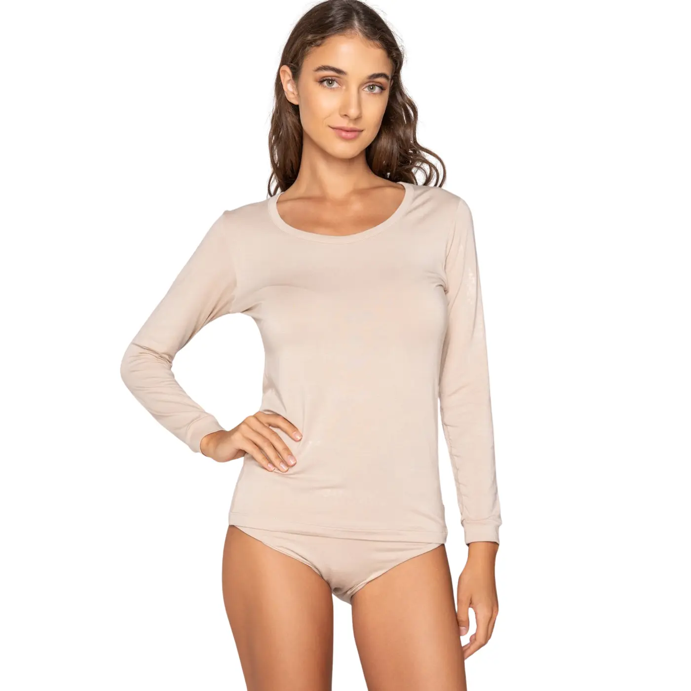 Luna Women's Beige Long Sleeve T-Shirt Micro Touch Comfort