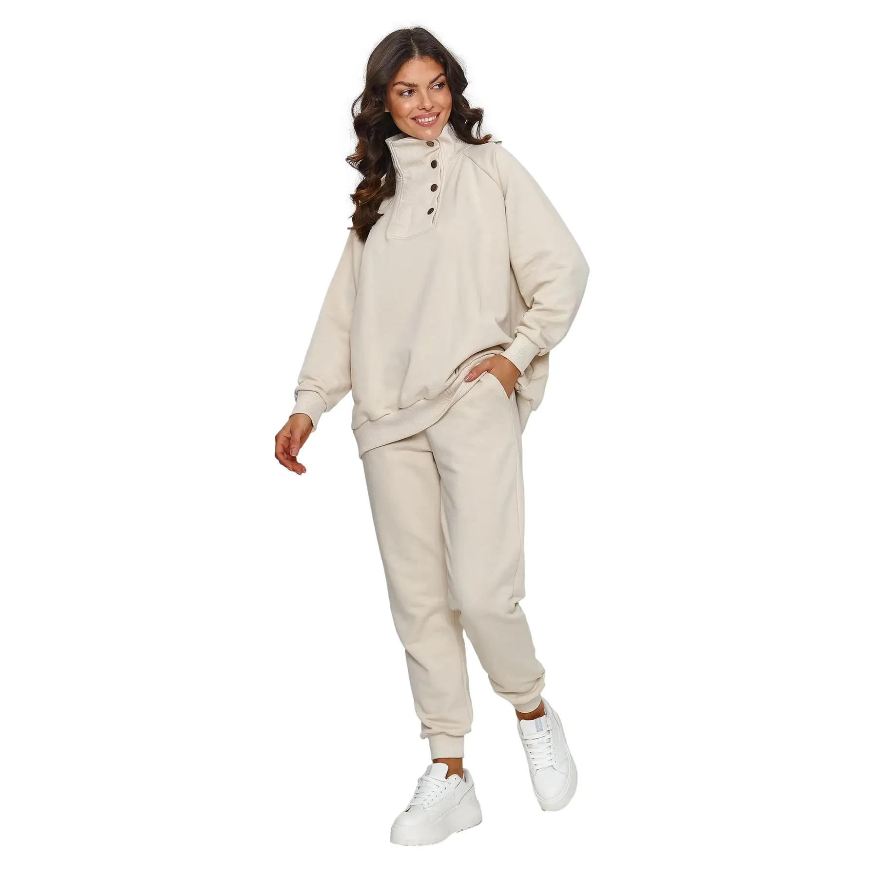 Damen Baumwolle Sweat- und Jogginghose Set Makadamia