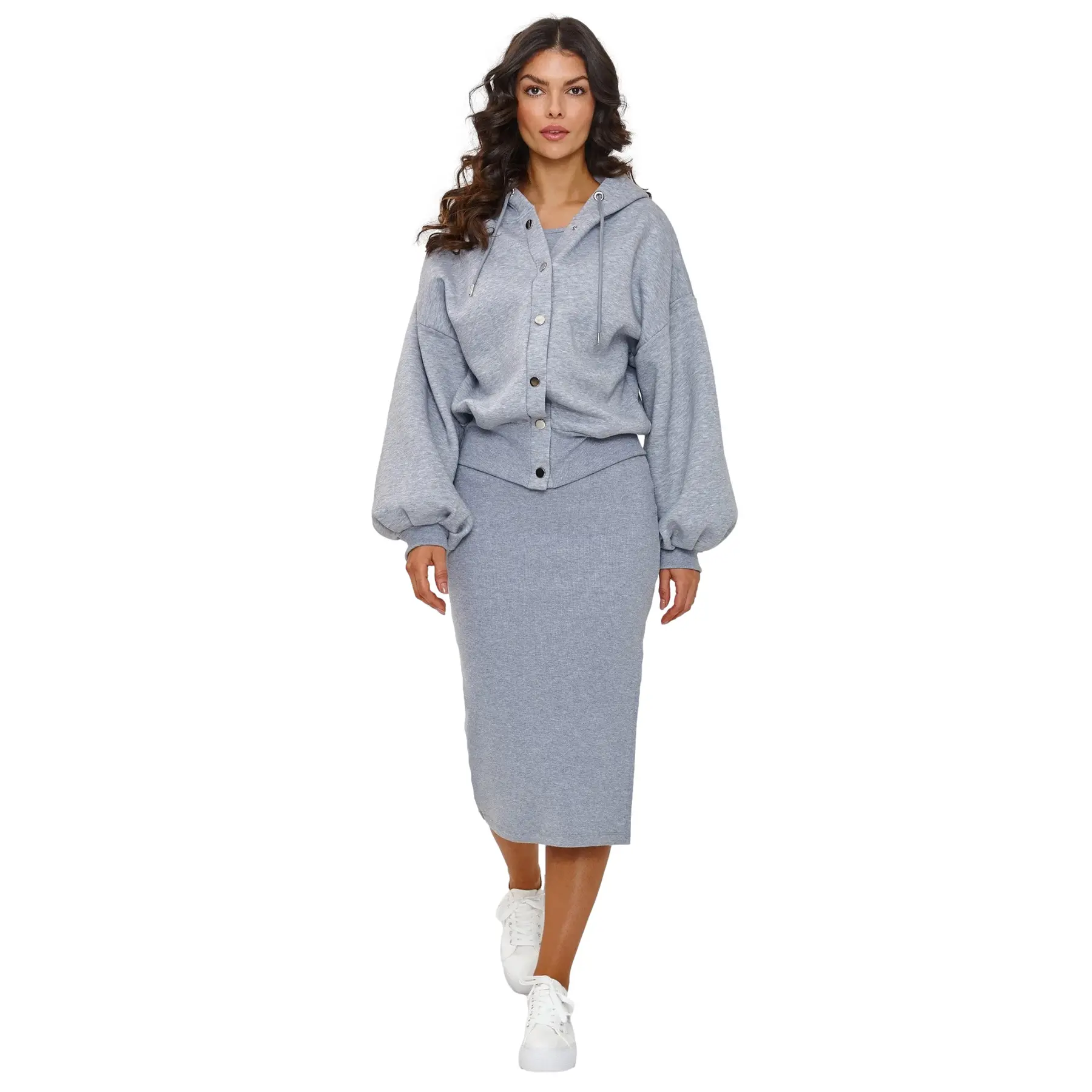Damen Baumwolle Kleid und Hoodie Set Makadamia