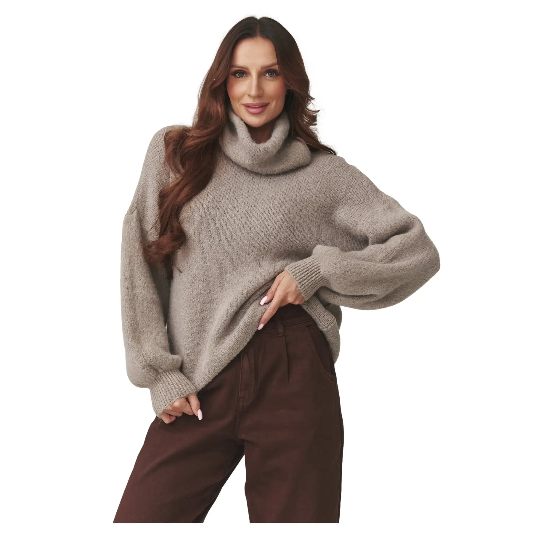 Oversized Rollkragenpullover aus Baby-Alpakawolle Damen Makadamia C19