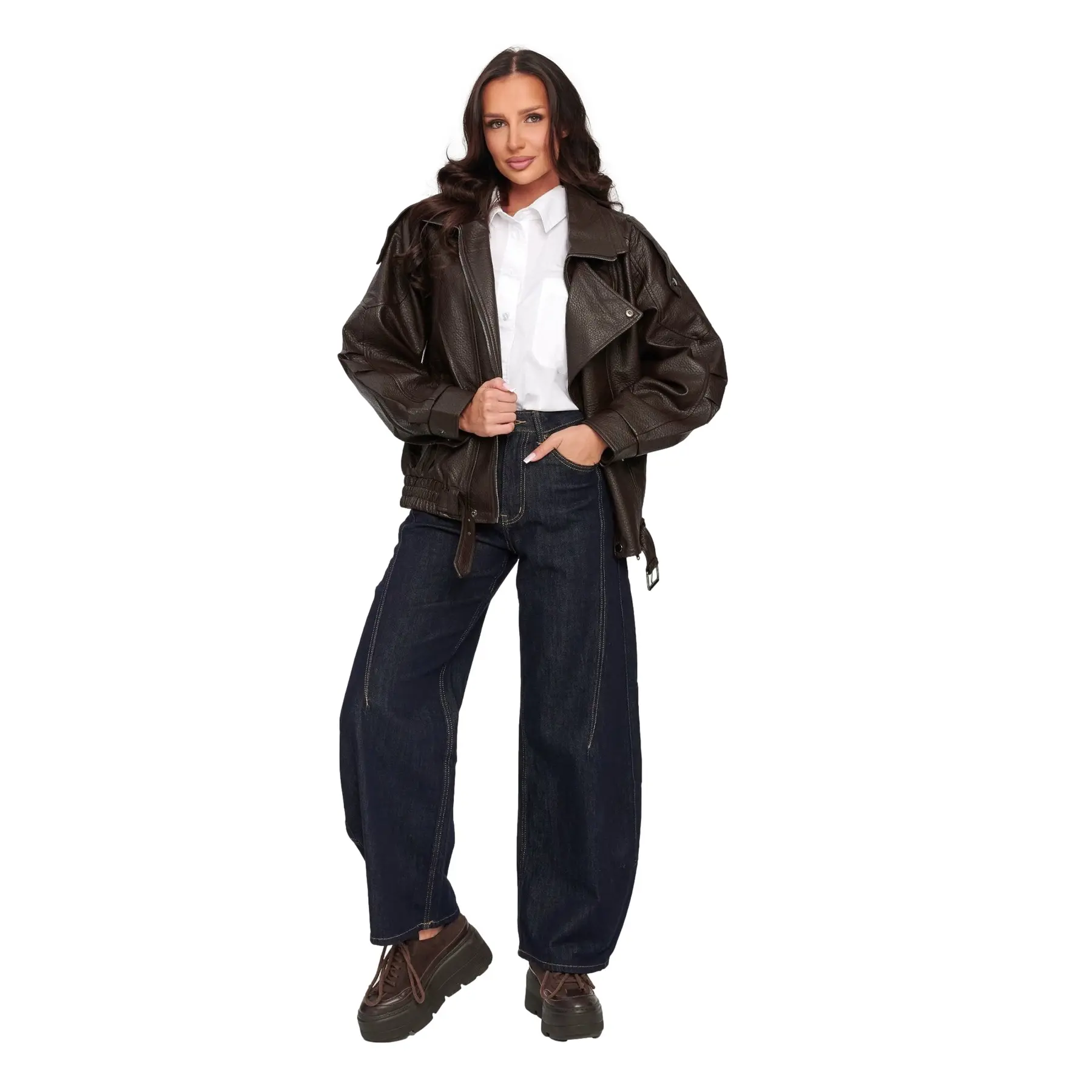Oversize Kunstlederjacke mit hohem Kragen für Frauen Makadamia C77