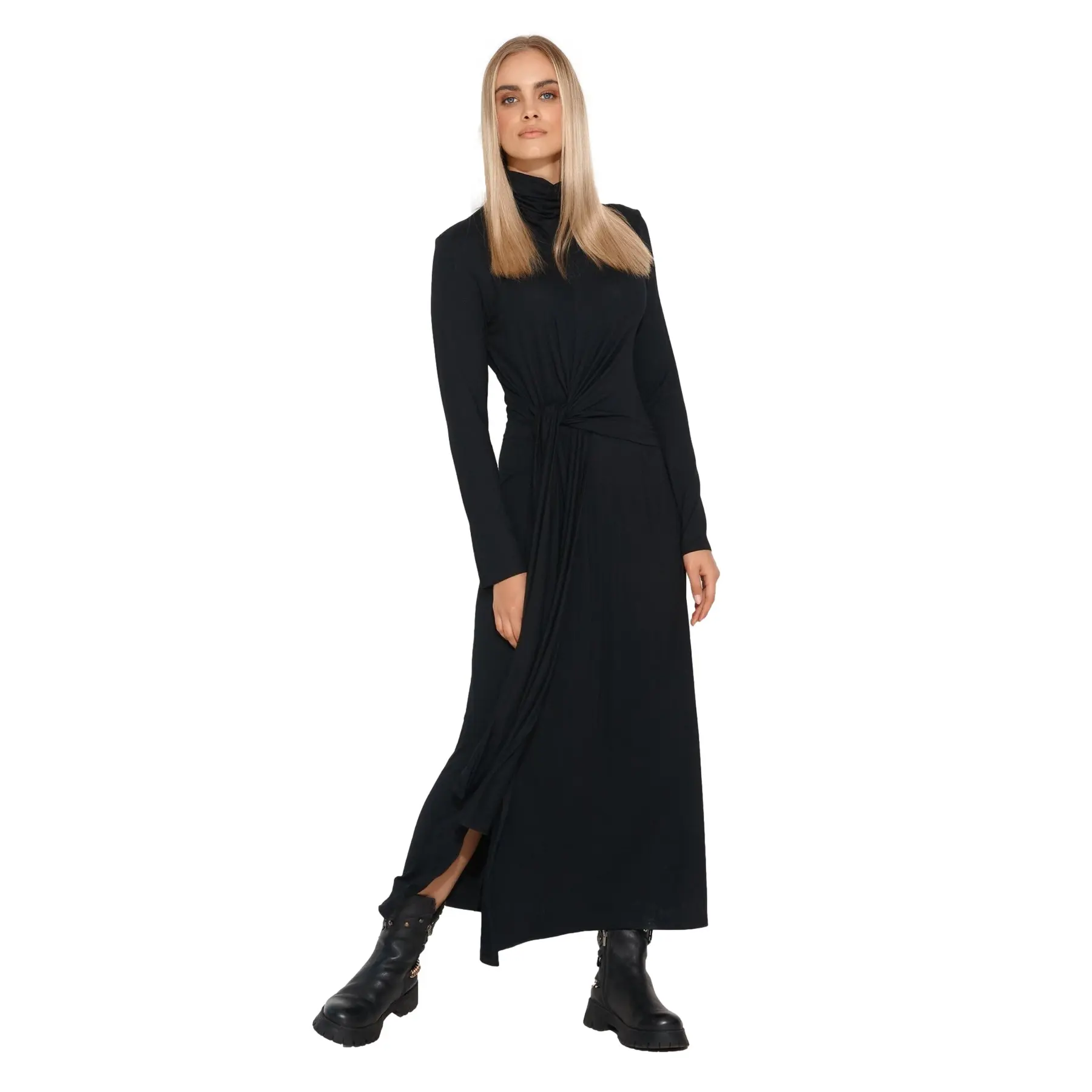 Robe en Viskose mit gerafftem Rollkragen und Bindegürtel für Frauen Makadamia M676
