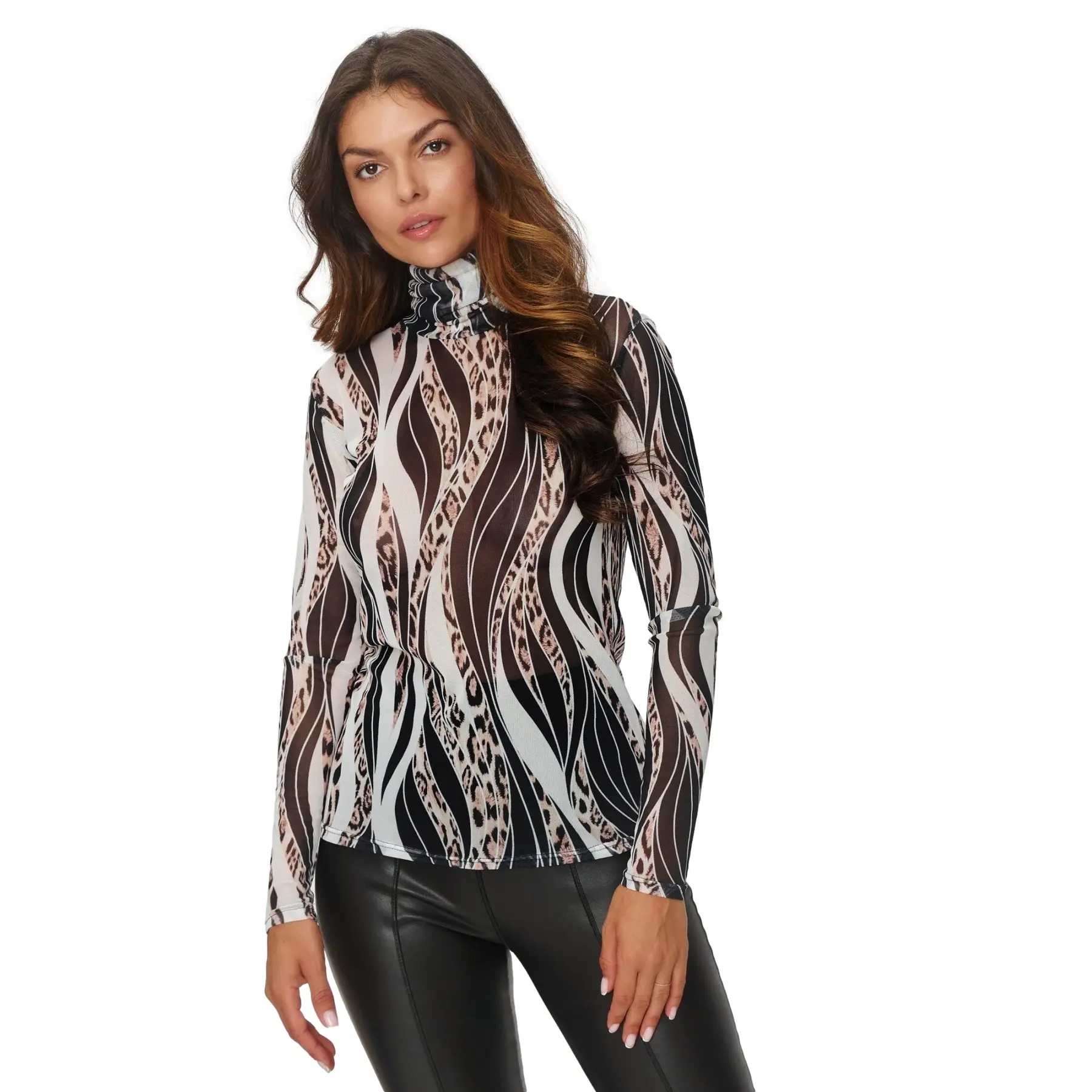 Druckbluse mit hohem Rollkragen Damen Makadamia M862