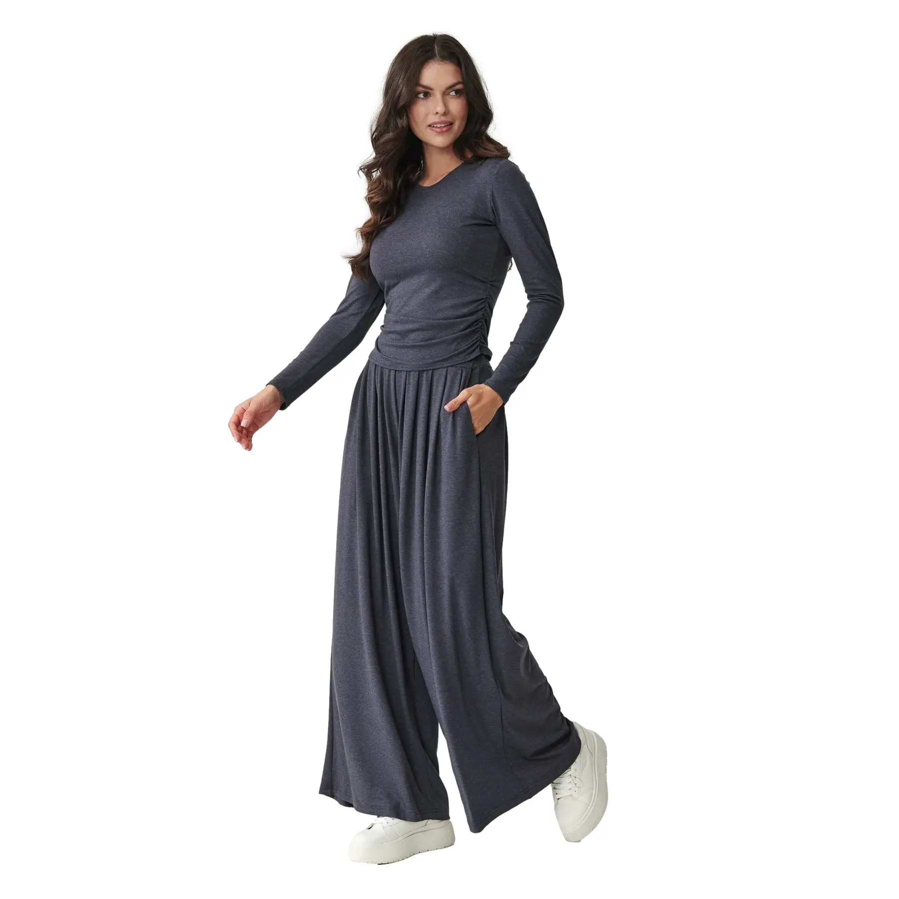 Completo in viscosa con blusa arricciata e pantaloni larghi donna  M892