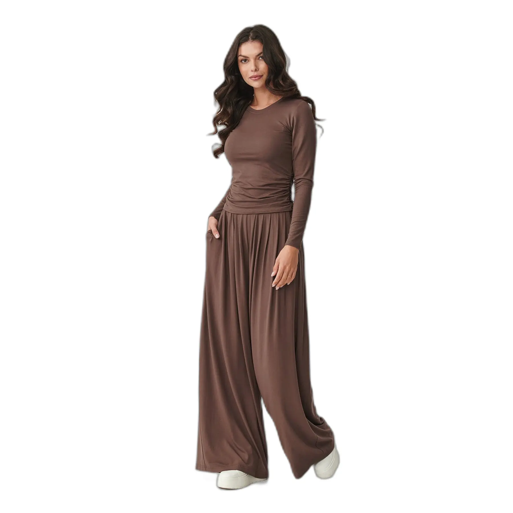 Completo in viscosa con blusa arricciata e pantaloni larghi donna  M892