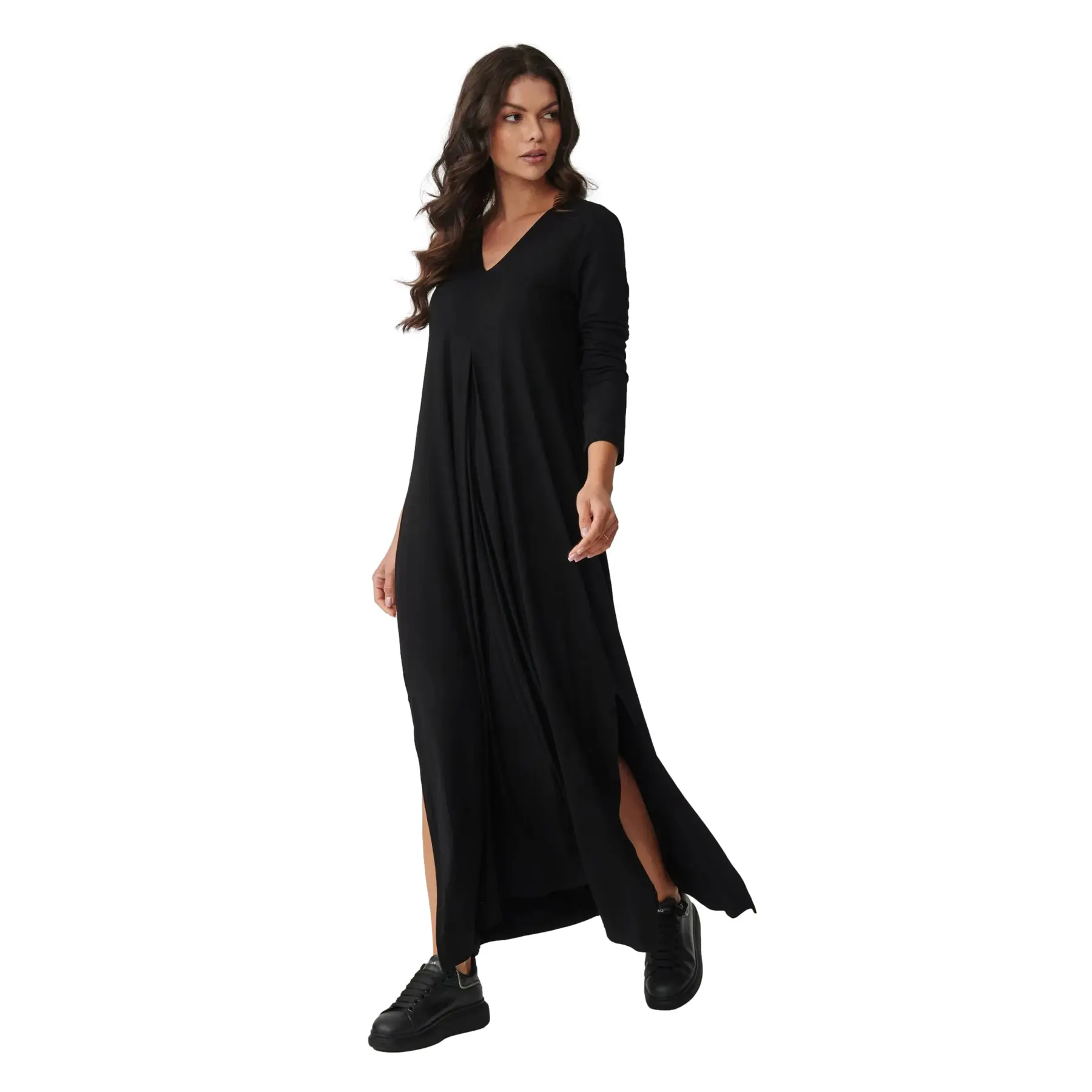 Langarm-Viskose-Kleid mit Schlitzen für Damen Makadamia