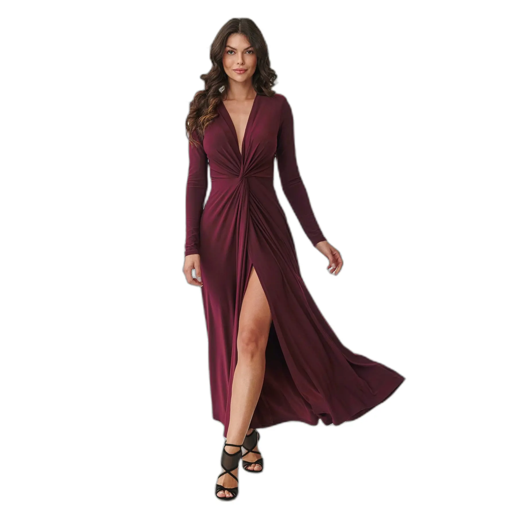 Maxi Kleid mit V-Ausschnitt und Raffungen Damen Makadamia M906