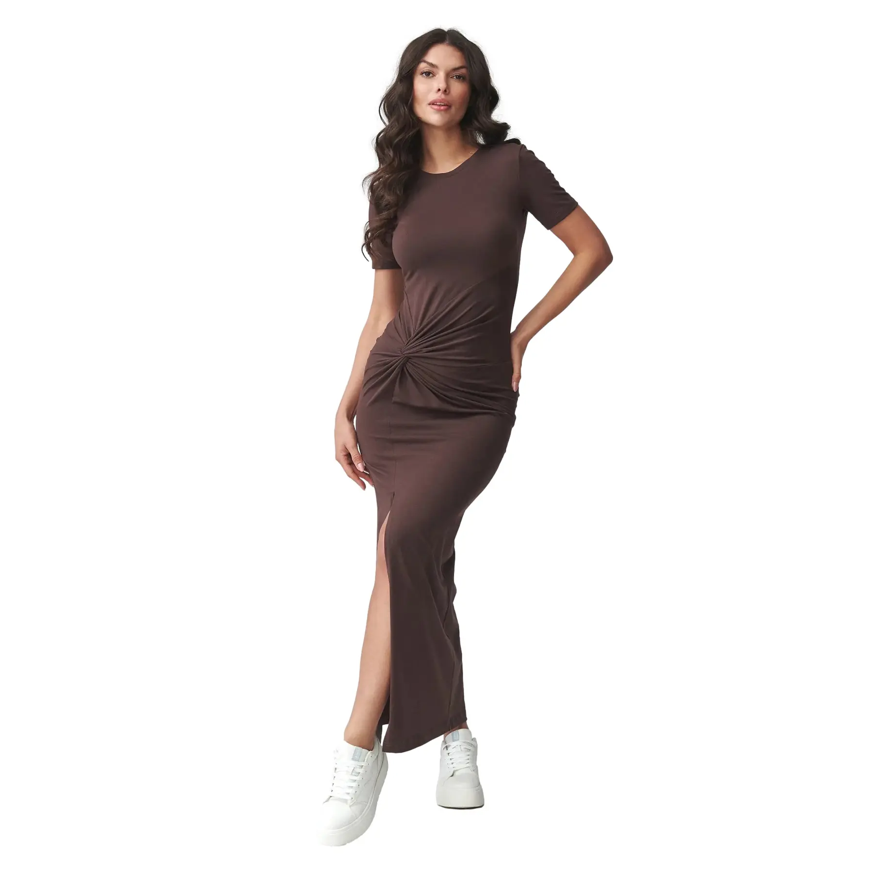 Frau Lange Raffung Kleid Makadamia