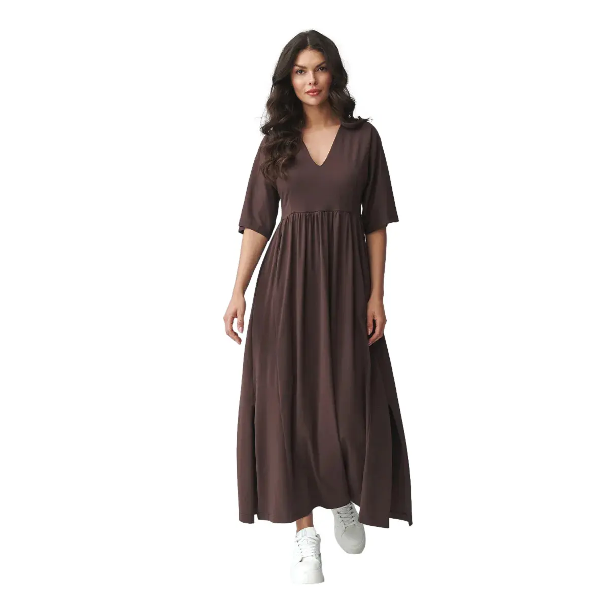 Elegantes, weit geschnittenes Maxikleid mit V-Ausschnitt für Damen Makadamia