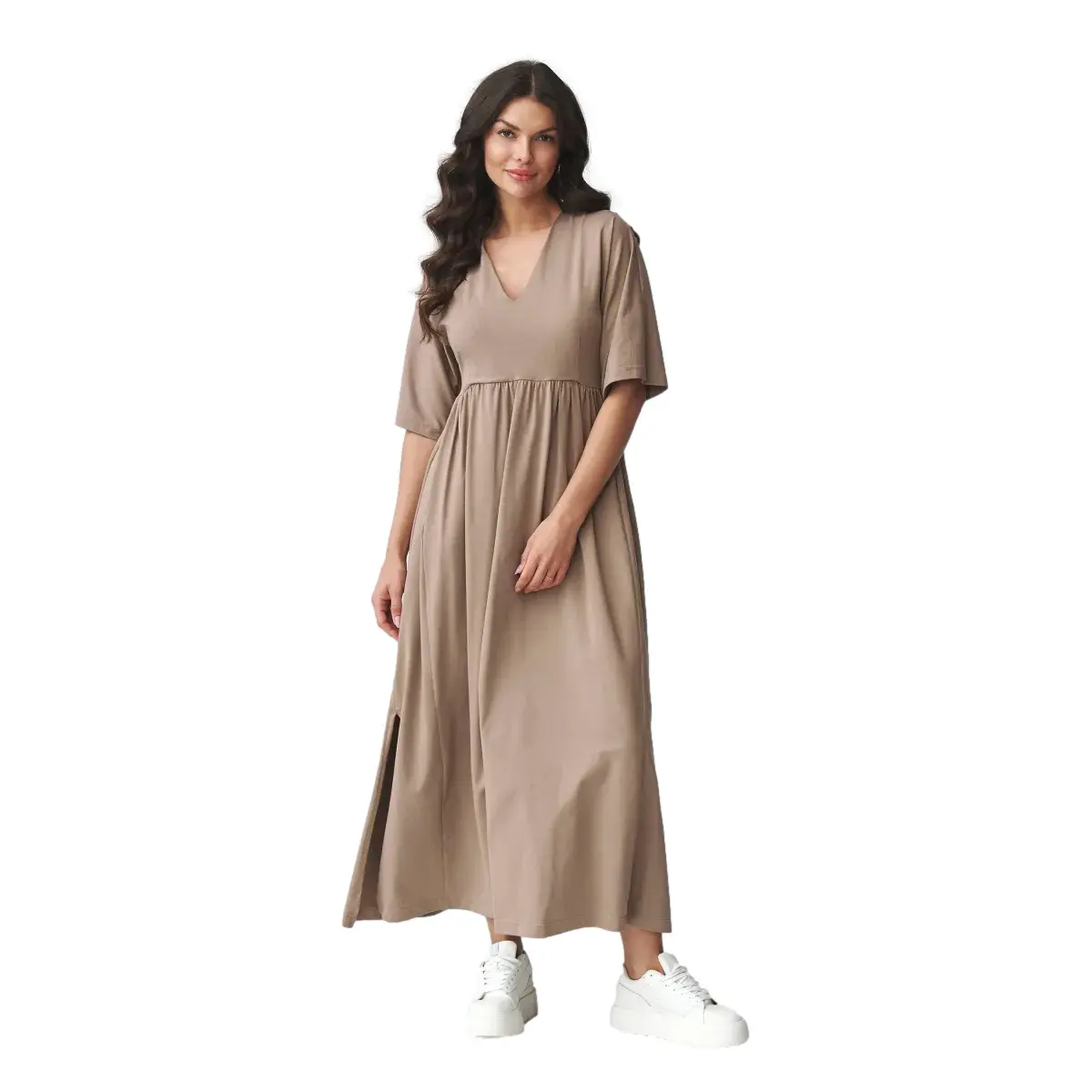 Elegantes, weit geschnittenes Maxikleid mit V-Ausschnitt für Damen Makadamia