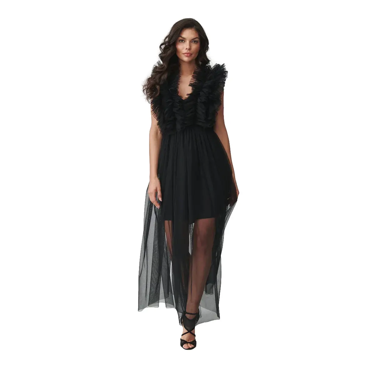 Lange Tüll-Robe mit Rüschendetails für Damen Makadamia