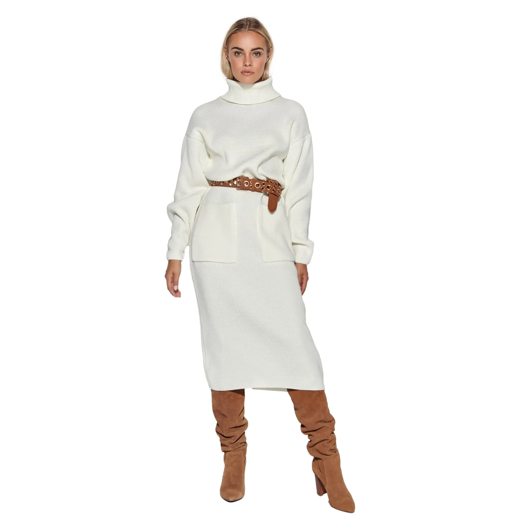 Strickkleid mit Rollkragen und Taschen Damen Makadamia S105
