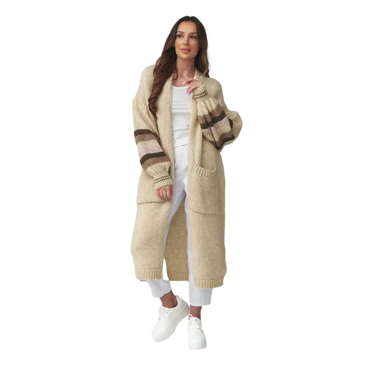 Langarm-Cardigan mit Streifen an den Ärmeln Damen Makadamia