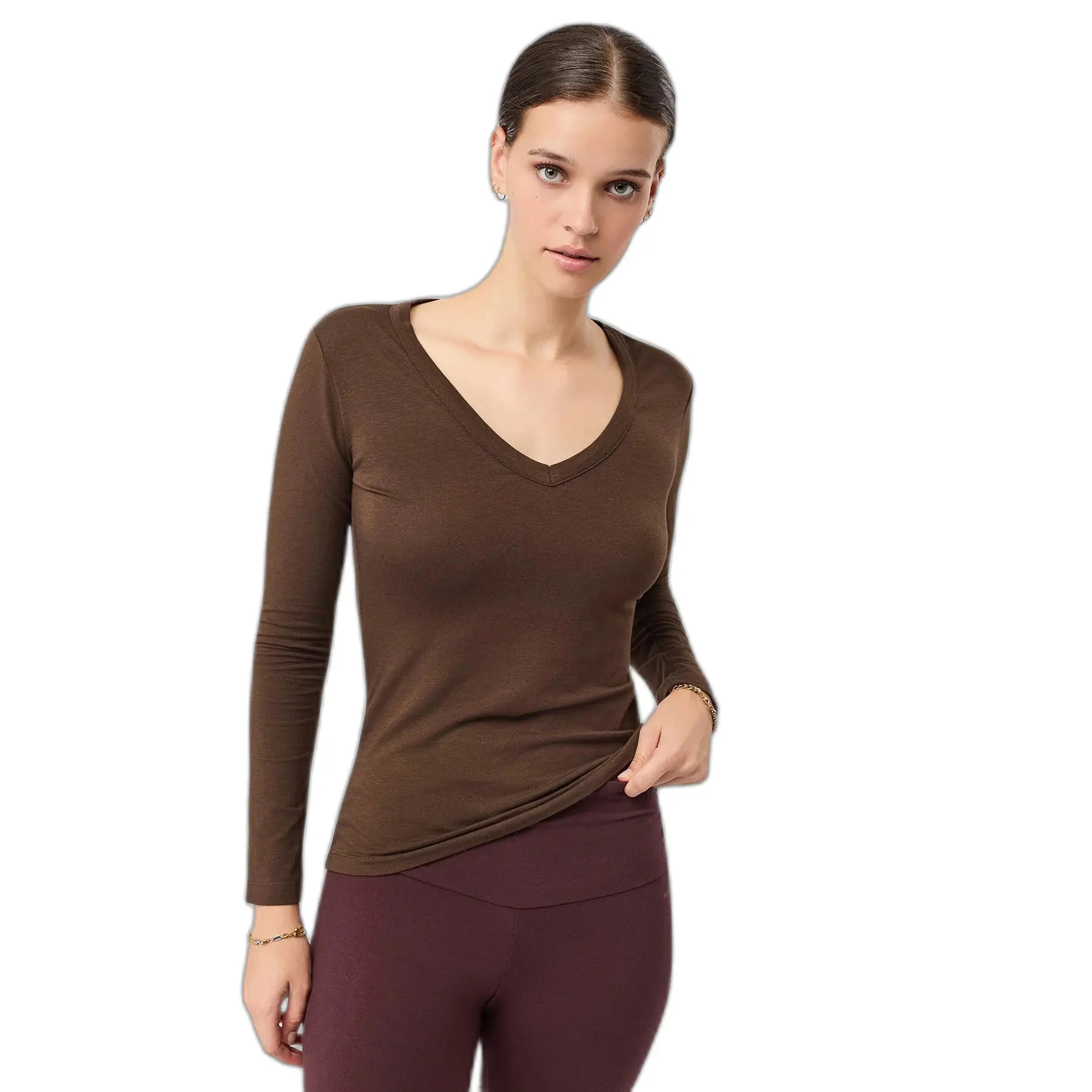Langärmliges, tailliertes V-Ausschnitt-T-Shirt für Damen Mandala
