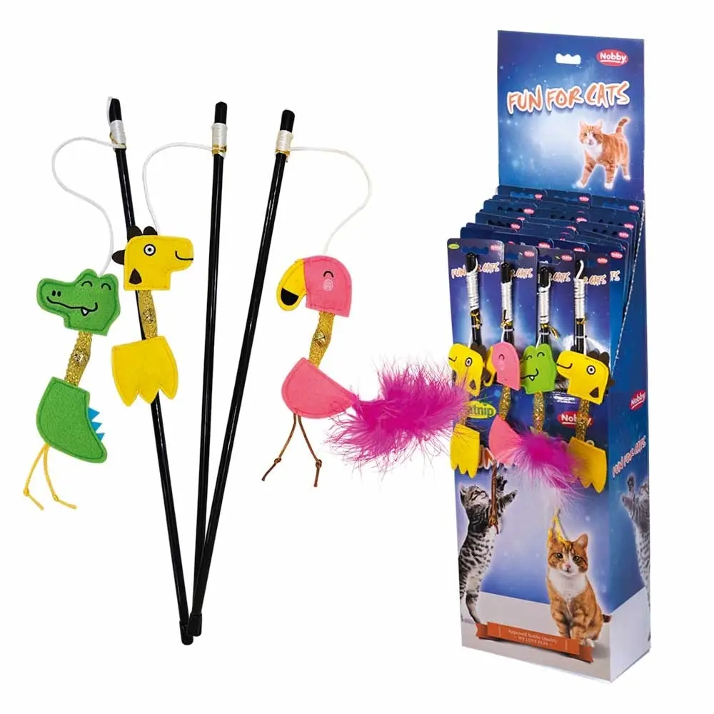 Canne à pêche pour chat avec des animaux du zoo en feutre avec balle hochet et herbe Nobby Pet (x18)