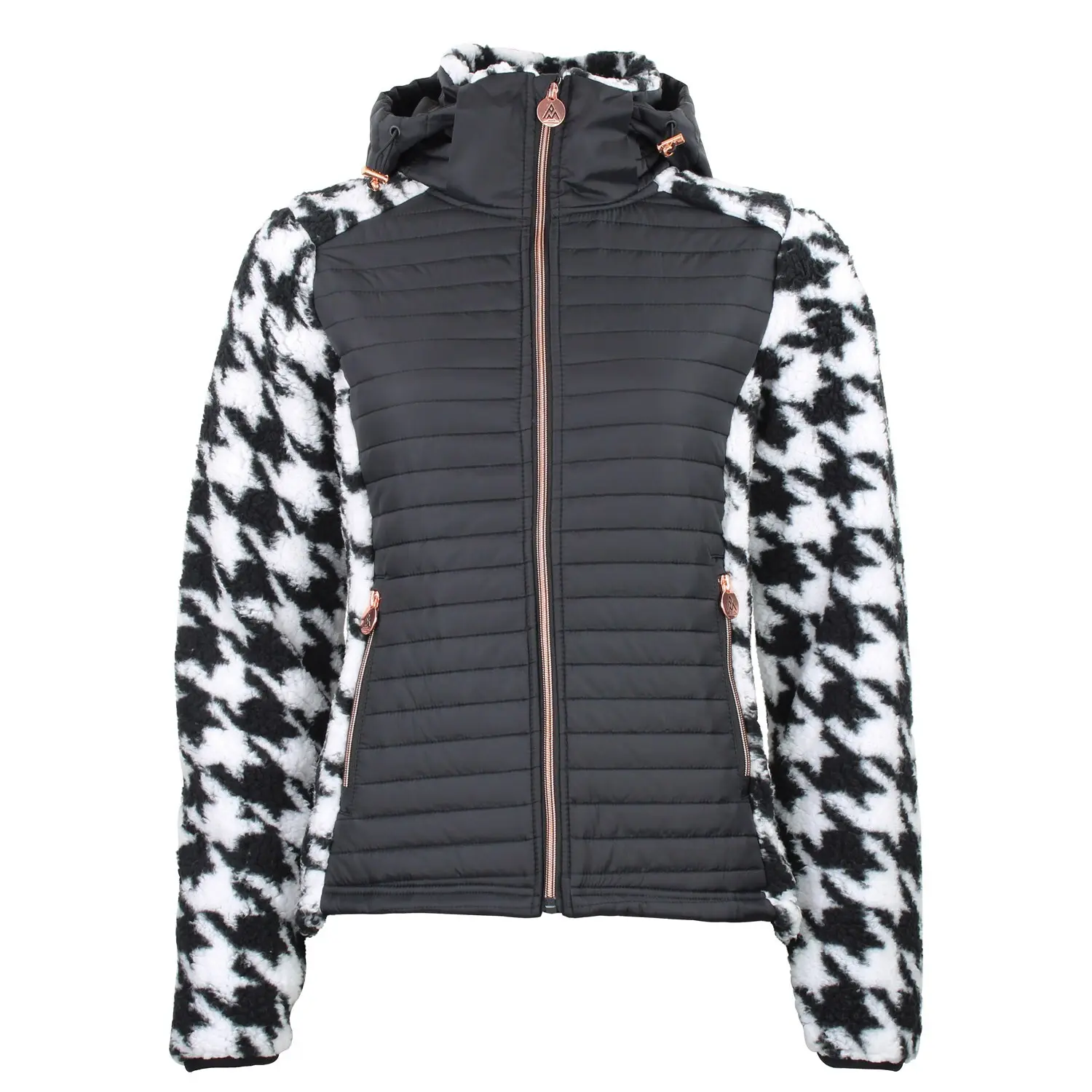 Giacca con cappuccio zip bi-materiale con patch sul petto motivo pied de poule donna Peak Mountain