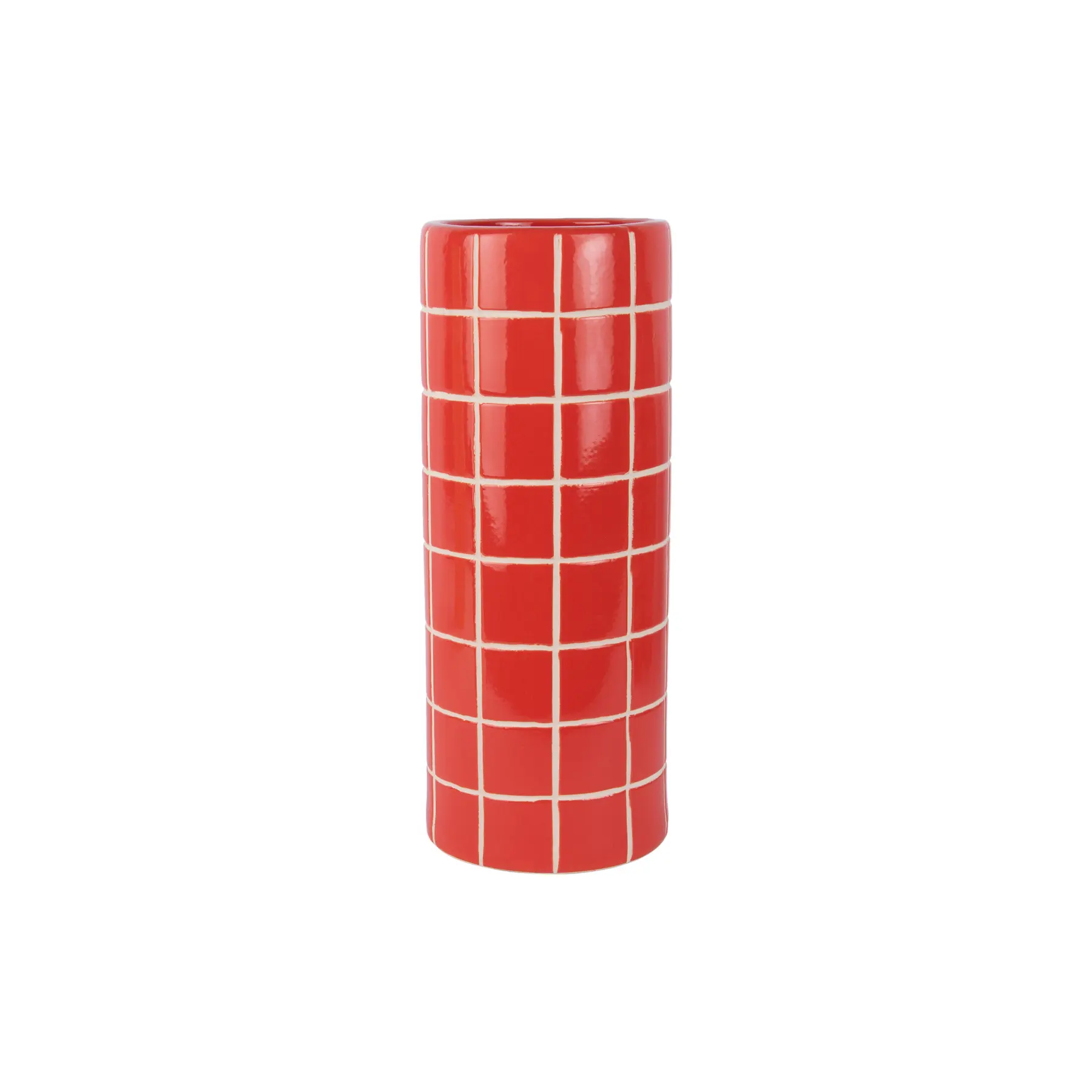 Present Time Vaas Retro Tiles - Helderrood - Ø15cm - Keramiek - Modern - Bloemenvaas - Woondecoratie - Decoratieve vaas voor woonkamer of slaapkamer