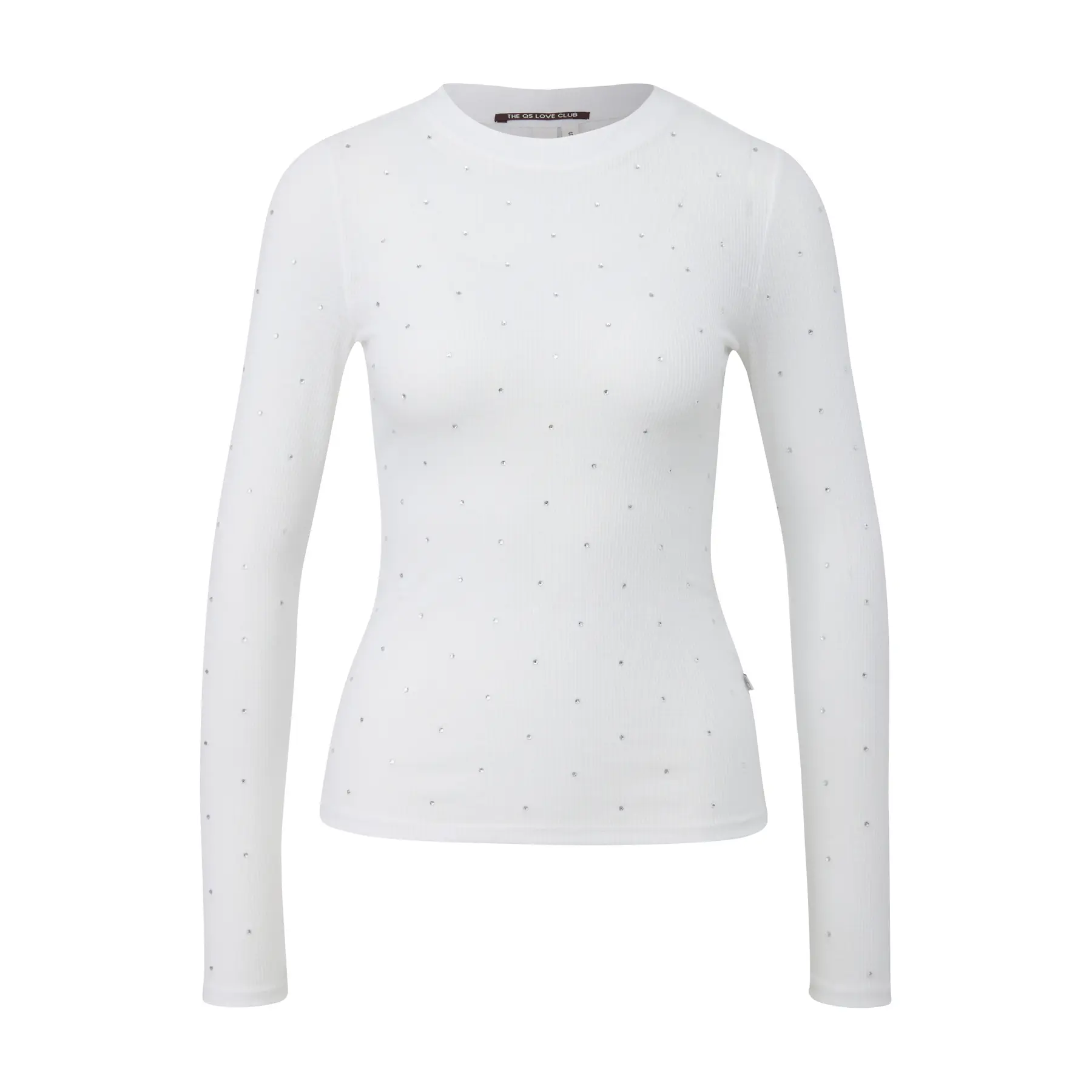 T-shirt aderente a maniche lunghe a coste con strass a tutto campo donna QS