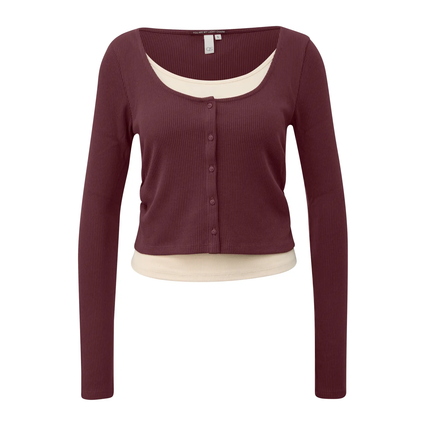 Rippen-T-Shirt mit Two-in-One-Effekt und seitlichen Raffungssäumen für Damen QS