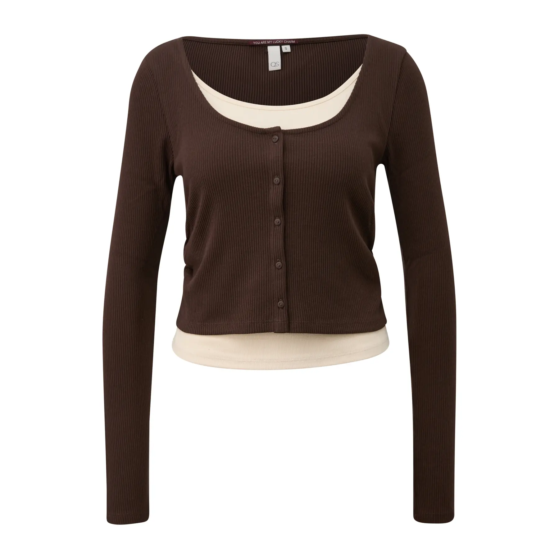 Rippen-T-Shirt mit Two-in-One-Effekt und seitlichen Raffungssäumen für Damen QS