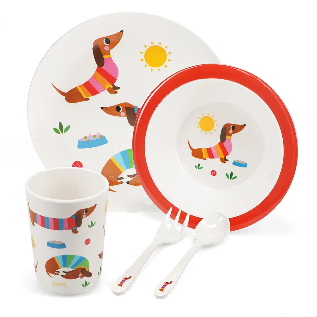 Assiette en mélamine enfant Rex London Sunny Sausage Dog (x5) Assiette en mélamine enfant Rex London Sunny Sausage Dog (x5)
