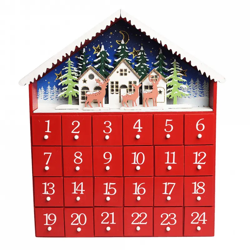 Calendrier de l'avent en bois avec éclairage LED Rex London Maison rouge Calendrier de l'avent en bois avec éclairage LED Rex London Maison rouge