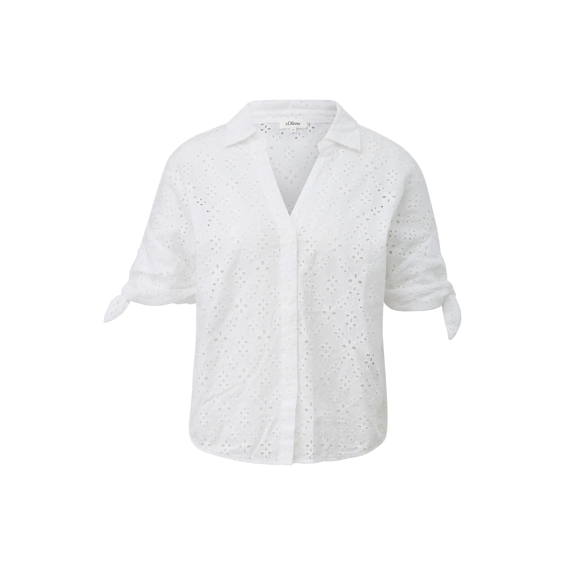 Blusa a taglio casual, con ricami traforati e dettagli a nodo. donna