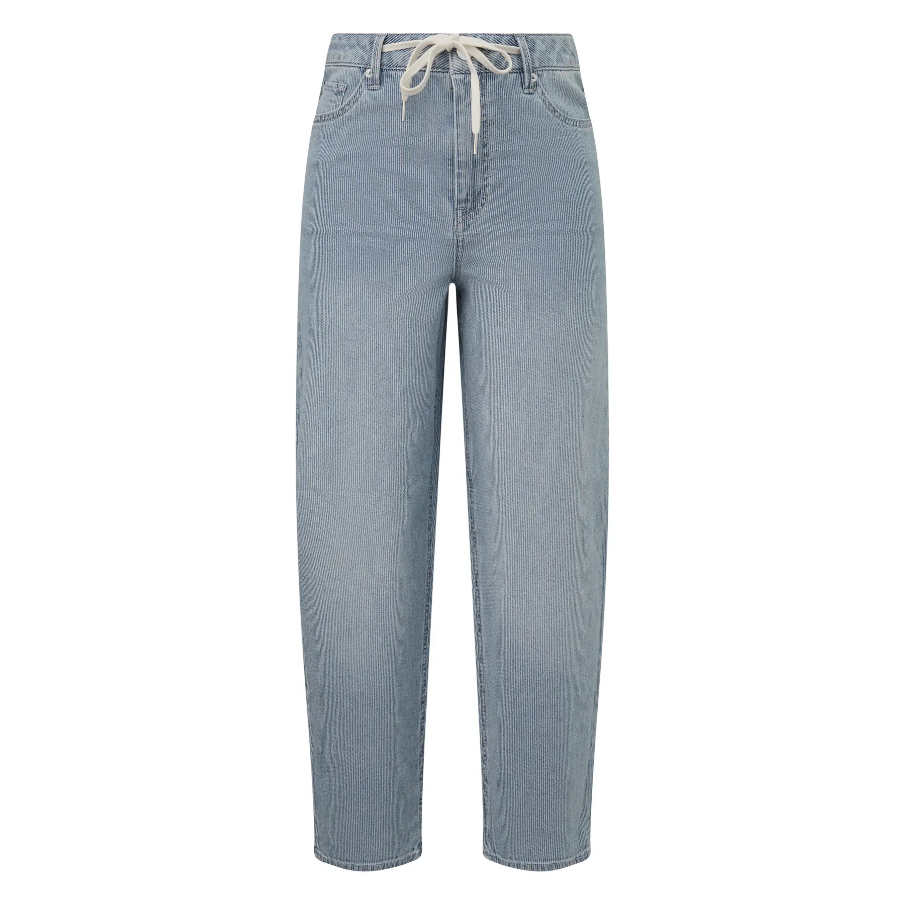 Jeans Regular Fit Alta Vita e Gamba Barrel Strisce Sottile Donna