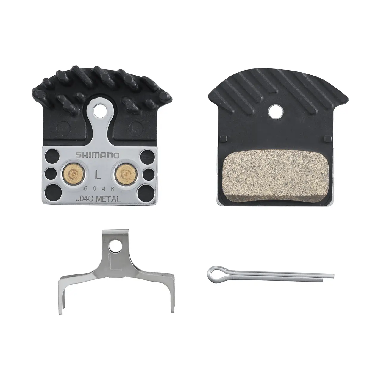Coppia di pastiglie freni bicicletta in metallo con aletta e molla con perno fenduto Shimano J04C-MF