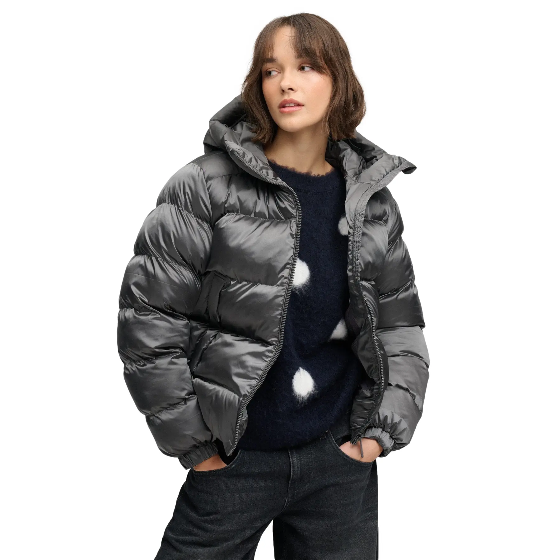Superdry Damen Noir Steppjacke Mit Kapuze Und Reißverschluss