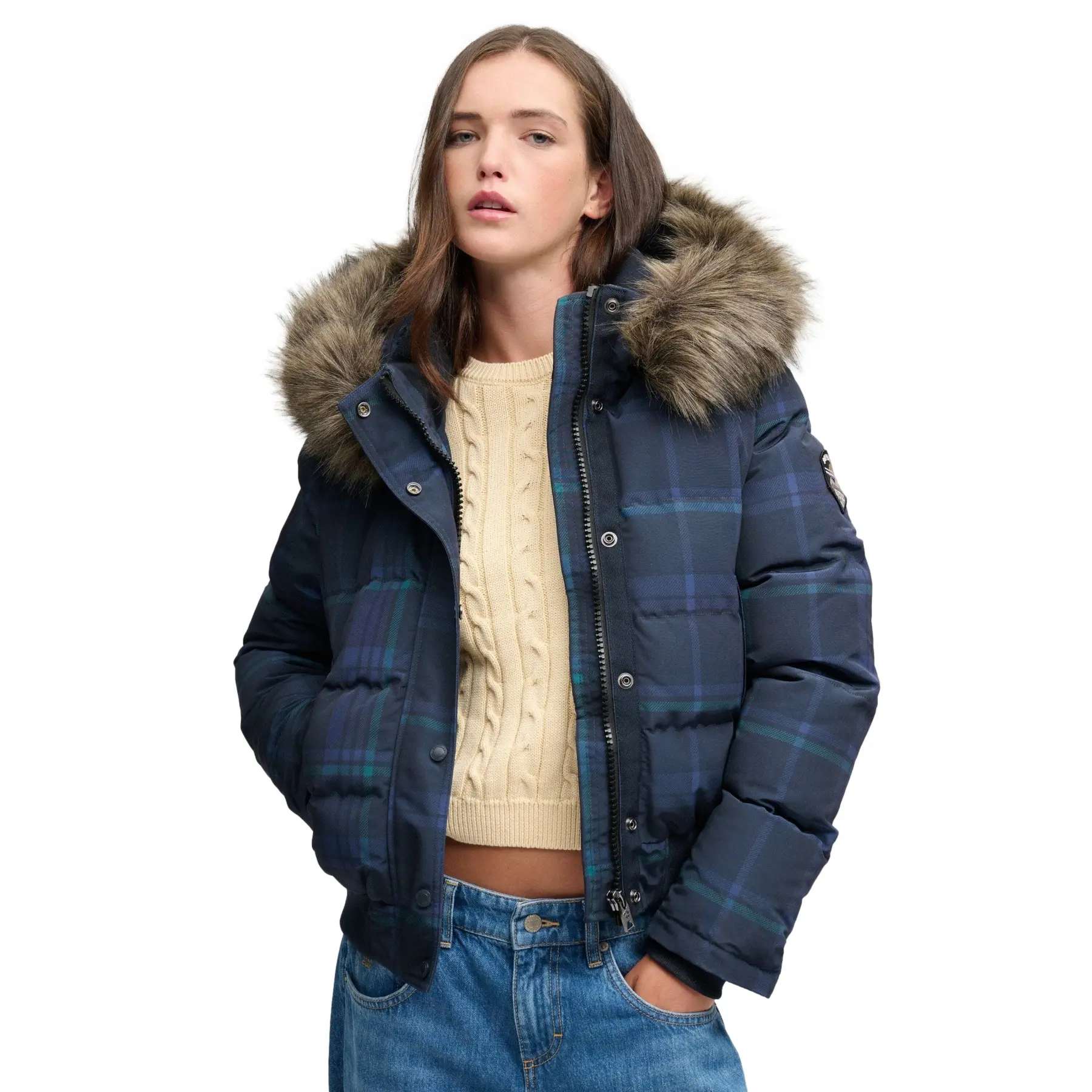 Superdry Femme Veste Bomber Everest Check à Capuche Coupe Ajustée - vue 2