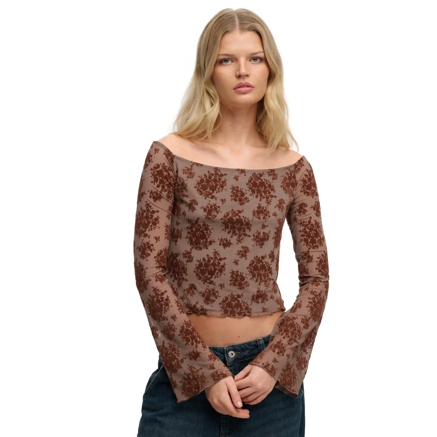 T shirt manches longues en maille floquée femme Superdry