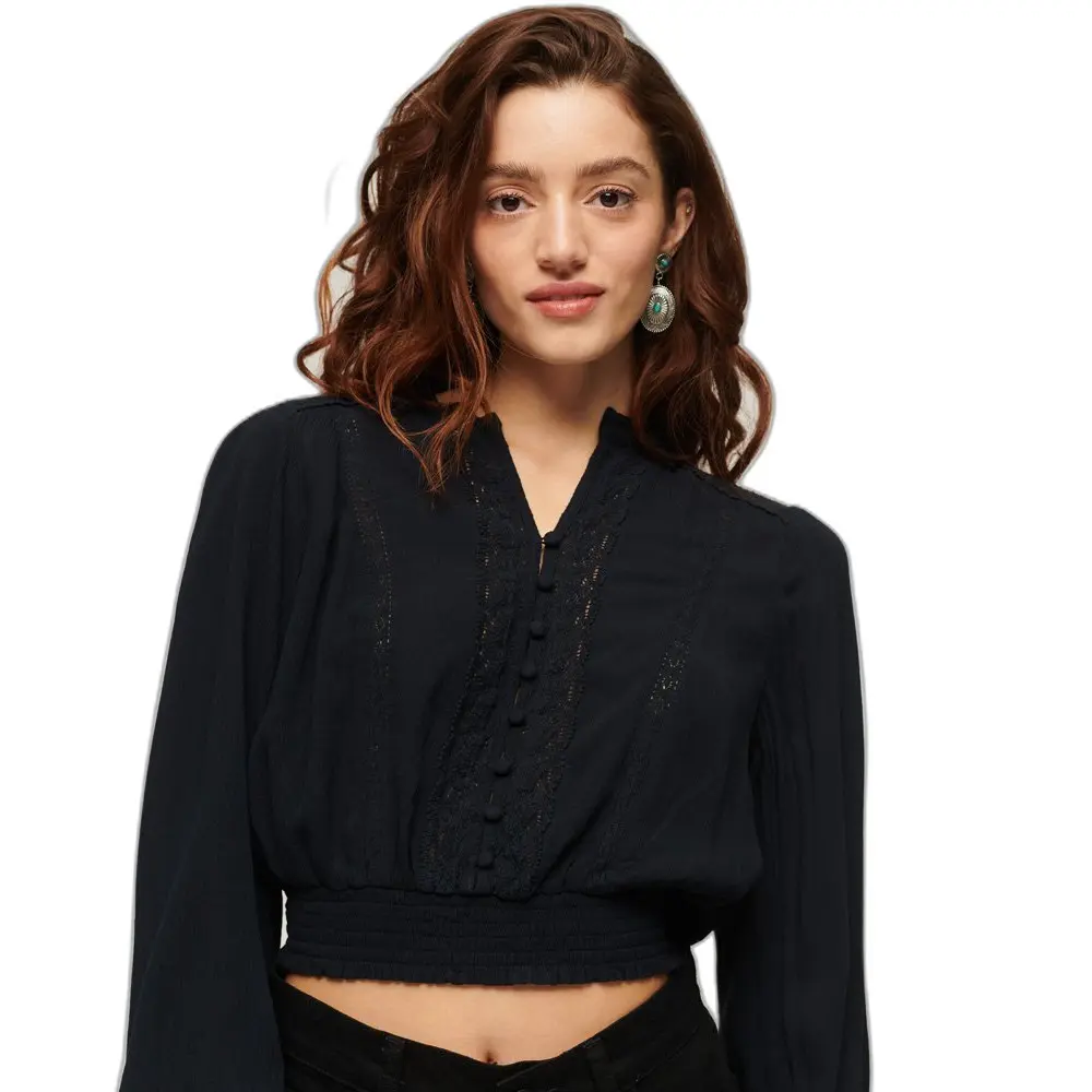 Blouse smockée manches longues et finitions dentelle femme Superdry