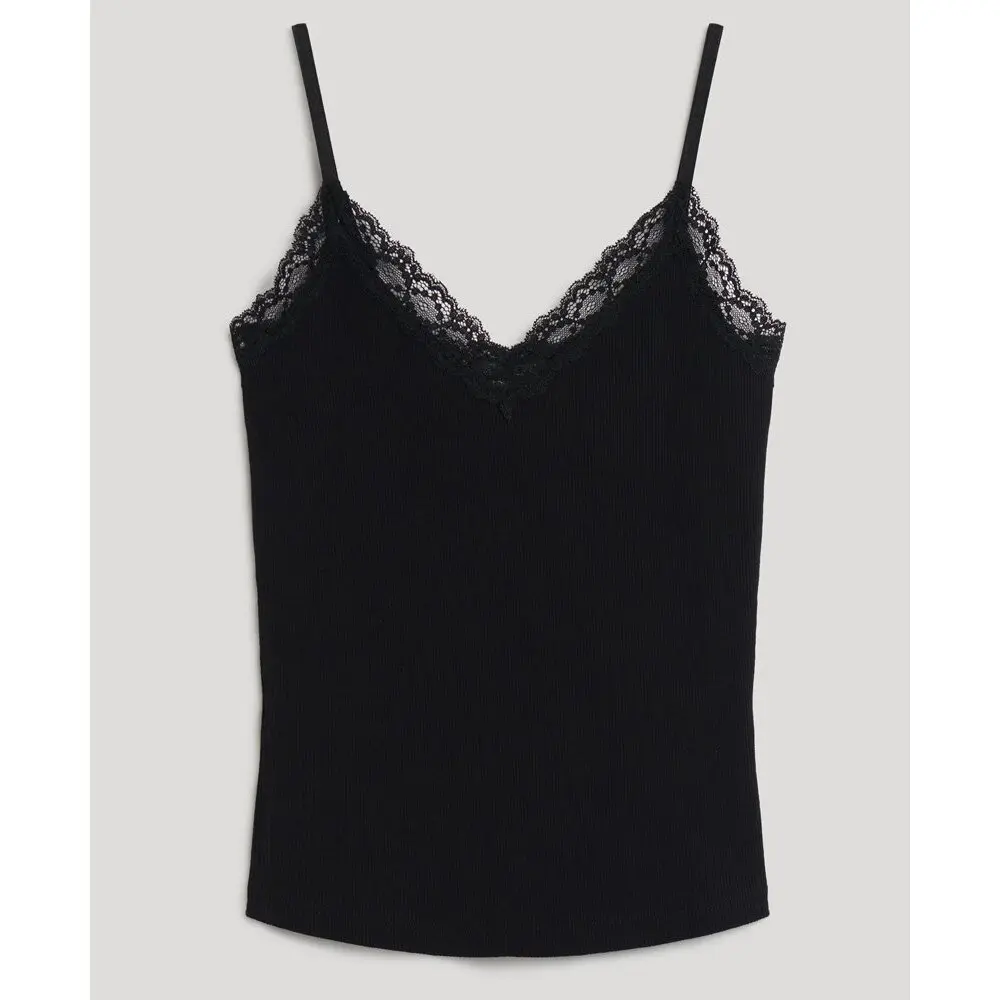 Débardeur Caraco côtelé en coton bio à liseré en dentelle femme Superdry Essential