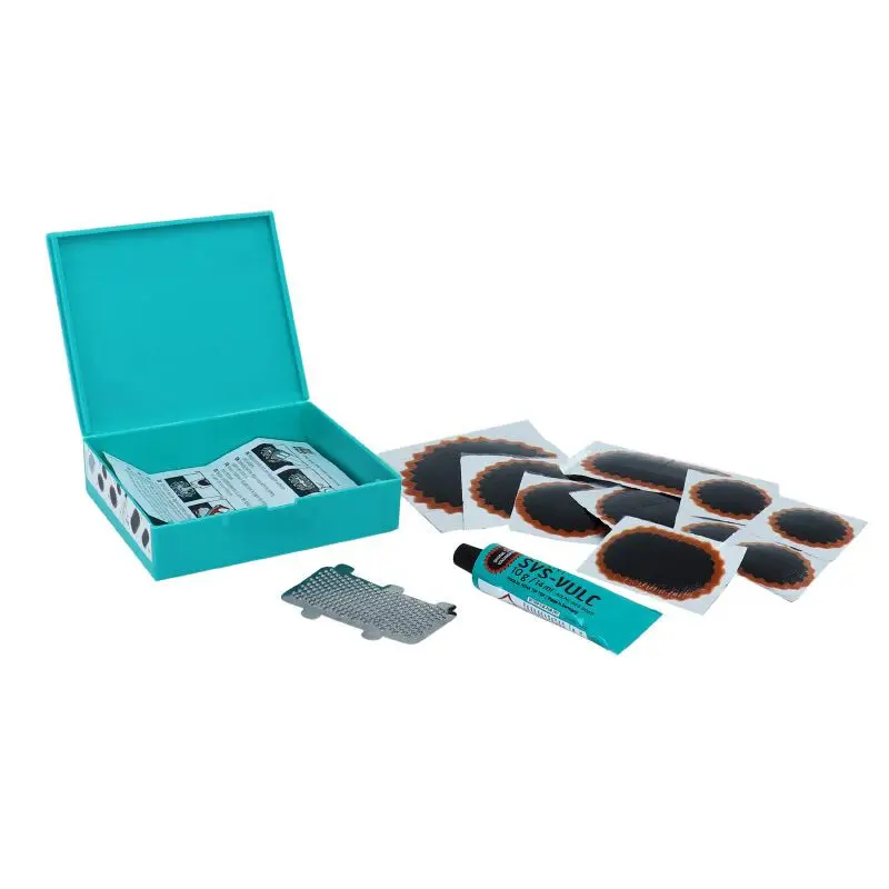 Reparatieset voor autobinnenbanddoos 4 stuks 37mm + 2 stuks 45mm + 1 stuk 54mm + 1 stuk 75mm + 1 stuk 74x37mm + lijm 10g + puimsteenpapier met instructies Tip Top tt12 506 0519