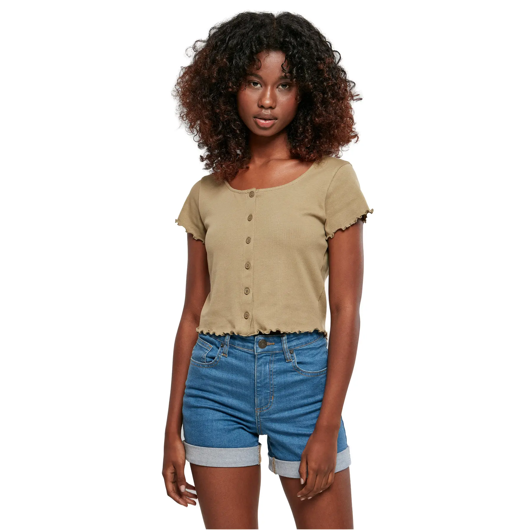 Kurzes geripptes T-Shirt mit Knopfleiste Frau Urban Classics GT