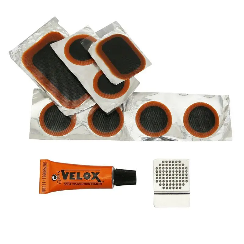 Reparaturkit für Fahrradschläuche 6 Patches 25mm + 1 Patch 34x24mm + 1 Patch 50x30mm + Kleber 5g + Stahlrampe mit Anleitung Gläser mit 50 Kits Velox