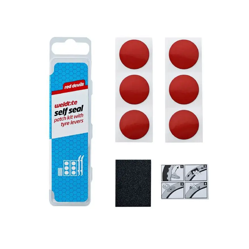 Red Devils Schlauchreparaturset mit roten selbstklebenden Flicken - Schachtel mit 6 selbstklebenden Flicken 25mm + Bimssteinpapier mit Anleitung Weldtite