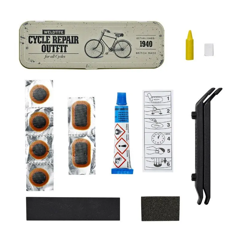 1940 vintage metalen binnenband reparatie kit - doos van 6 patches 25mm + lijm 5g + puimsteen papier + elastiek met instructies indien besteld hoeveelheid 24 dan geleverd met display Weldtite